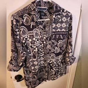 Karen Scott 100% Cotton Blue and White Button Down Blouse Size Large